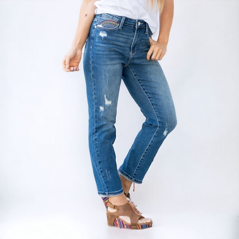 Judy Blue Straight Leg Over The Rainbow High Rise 31 Embroidered Distress Jean